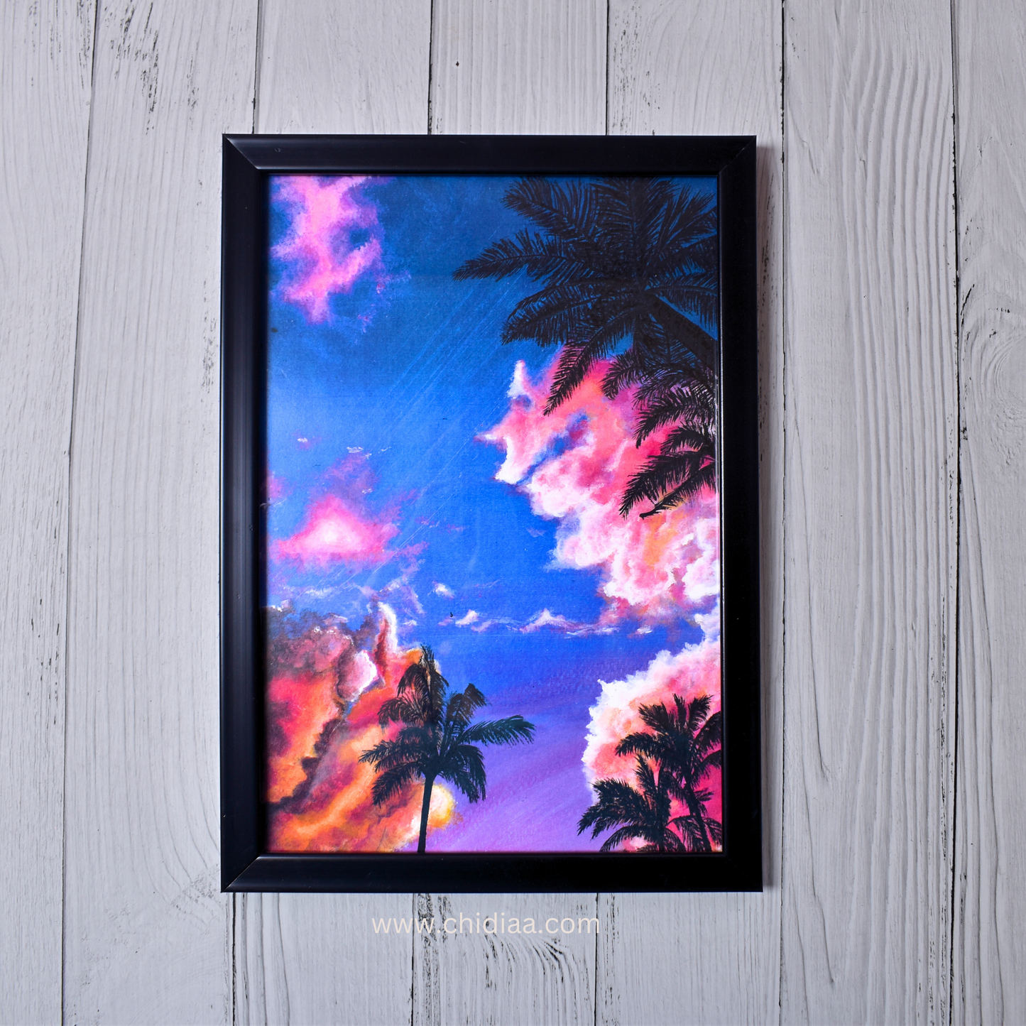 Tropical Sunset – A4 Size Handmade Landscape Painting with Glass Frame