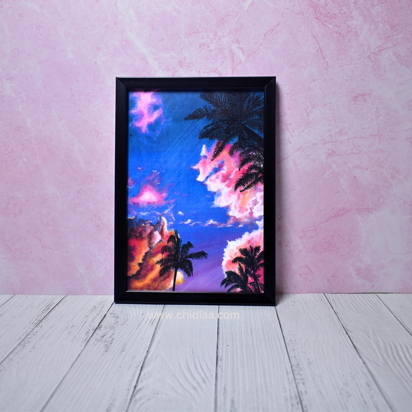 Tropical Sunset – A4 Size Handmade Landscape Painting with Glass Frame