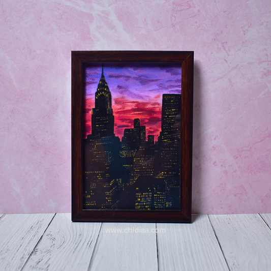 City Skyline at Sunset – A5 Framed Handmade Painting